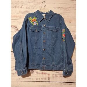 Yi Lin Women 1X Embroidered Denim Jacket Bird Floral Trucker Medium Wash